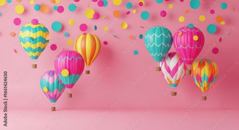 Naklejka premium Colorful hot air balloons float against a vibrant pink backdrop dotted with confetti, creating a cheerful and playful scene.