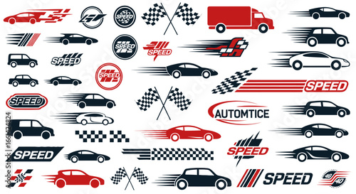 Dynamic vector set featuring race cars, speed icons, and checkered flags conveying excitement and motion
