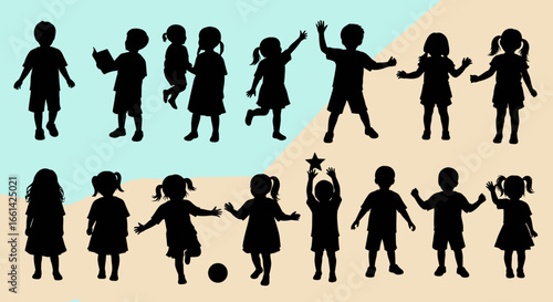 Diverse group of happy children silhouetted against colorful backdrop play, read, and reach for the stars