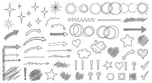 A collection of hand-drawn style elements including stars, circles, arrows, clouds, hearts, scribbles, and punctuation marks arranged in rows.