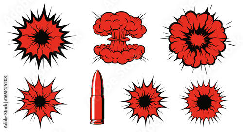 Comic-style illustration featuring various red explosions and a single bullet.