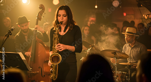 Dynamic jazz band ignites the night with soulful saxophone melodies and rhythmic beats creating an electric atmosphere