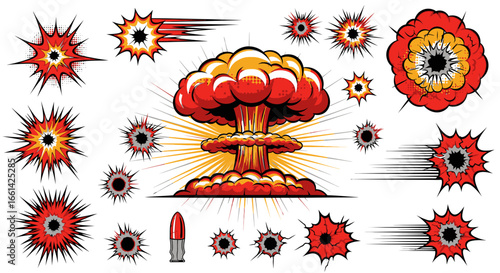 A collection of cartoon-style bullet holes, impact explosions, and a mushroom cloud, all rendered in red, orange, and yellow on a white background.