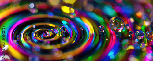 Vibrant water droplets creating colorful ripples on a reflective surface during a close-up photography session