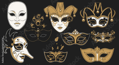 Collection of ornate Venetian carnival masks in gold and white on a dark background, showcasing different styles and embellishments.