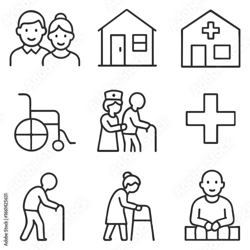 Minimal Medical Line Icon Pack – Senior Citizens, Nursing Home, Healthcare Vector