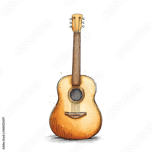 Watercolor Acoustic Guitar Illustration with Detailed Wood Grain and Shading