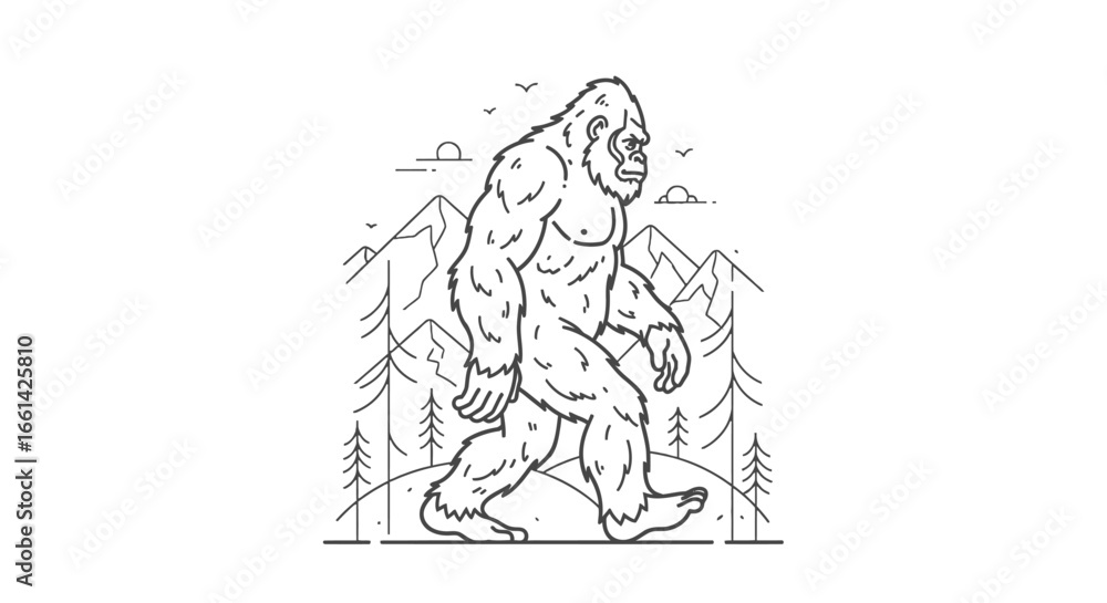 Obraz premium Mythical Bigfoot walking through forest with mountain landscape in black and white illustration