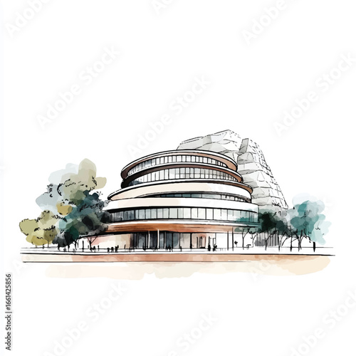Watercolor architectural rendering of a modern circular building with trees