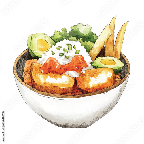 Watercolor Bowl of Tofu Rice Avocado and Plantains