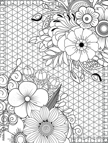 Intricate floral pattern with geometric detailing for coloring white background