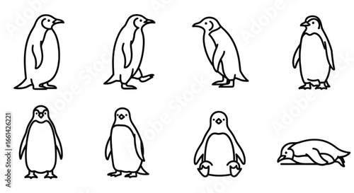 Charming penguin icons capture playful Antarctic wildlife in various adorable poses
