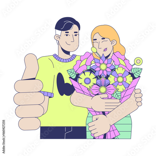 Thumb up man embracing woman with flowers bouquet 2D cartoon characters. Romantic gift. Anniversary affectionate couple caucasian flat vector people isolated on white. Spot illustration colorful