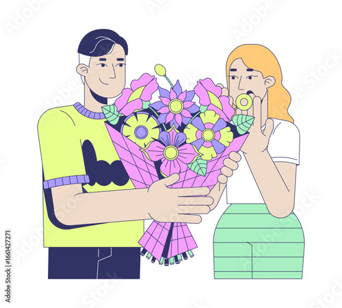 European man giving flowers to pleasantly surprised woman 2D cartoon characters. Affectionate gesture. Romantic couple interaction flat vector people isolated on white. Spot illustration colorful