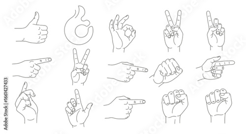 Collection of modern hand gesture icons conveying approval, direction, peace, and affirmation for your projects.