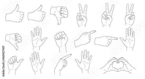 Collection of diverse hand gestures for communication, approval, and emotion, perfect for design elements.