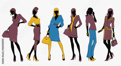 Chic diverse women showcasing stylish outfits and accessories in a modern fashion ensemble