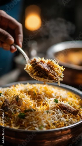 Delectable Biryani Culinary Art: A close-up shot that reveals the rich textures and aromas of the South Asian rice dish, biryani, elegantly served.