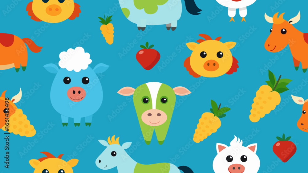 Naklejka premium Colorful flat illustration featuring various cartoon animals including cows, pigs, horses, and chickens, surrounded by fruits and vegetables on a vibrant blue background