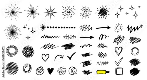 Vibrant hand-drawn doodles and elements add dynamic flair to designs, perfect for creative projects