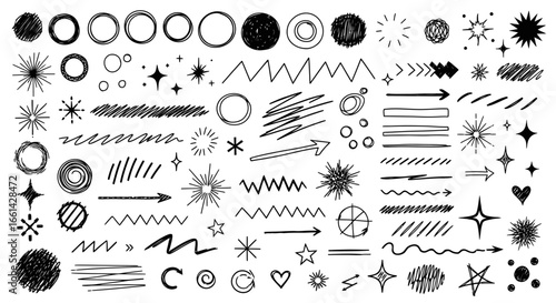 Doodle elements collection hand drawn scribbles arrows circles stars bursts and lines for design