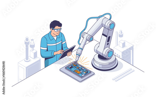 Engineer Overseeing Robotic Arm Soldering Circuit Board with a Tablet, Illustrating Automated Manufacturing Processes and Technological Advancement, Highlighting Efficiency and Precision