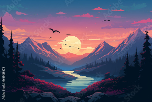 Mountain landscape with moon