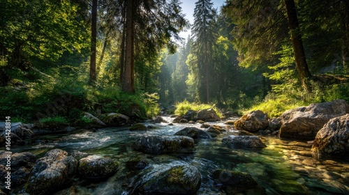 Sunlight streams through a lush forest, illuminating a babbling brook