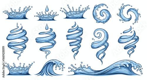 Dynamic blue water splashes and swirling liquid elements for refreshing design