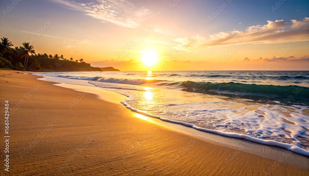 Obraz premium Golden hour at a tropical beach paradise: Tranquil waves meet warm sand