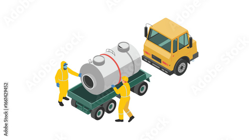 Isometric Vector Illustration: Workers in Hazmat Suits Handling a Liquid Tank on a Trailer Near a Truck; Transportation and Industrial Safety Theme.