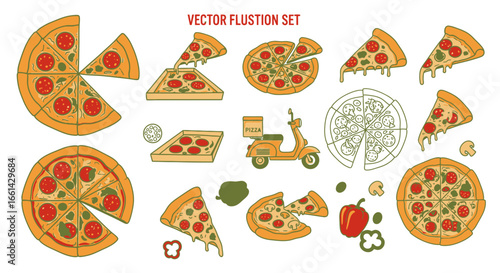 Delicious pizza illustrations for menus, delivery promotions, or food-themed designs are ready to enjoy