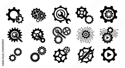 Modern gears and cogs for innovative technology solutions and engineering advancements, dynamic black and white design