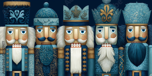 collection of ornate blue teal nutcracker figurines, gold accents, white beards, elaborate crowns, military uniforms, traditional Christmas wooden folk art.
