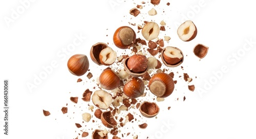 Dynamic Burst of Cracked and Whole Hazelnuts Isolated on White