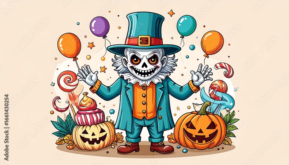 Obraz premium Halloween Cartoon Illustration Featuring Skeleton, Pumpkins, and Party Elements