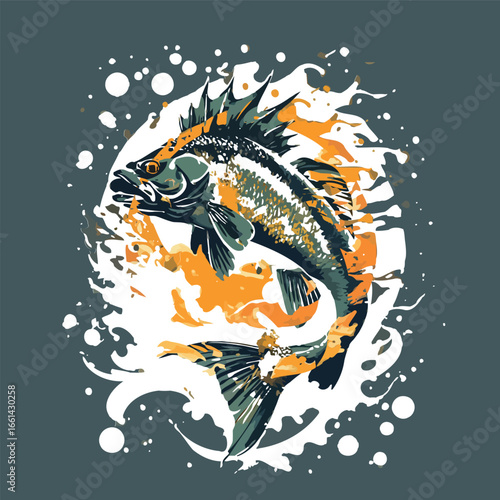 Aggressive walleye fish leaping from fiery water with bubbles