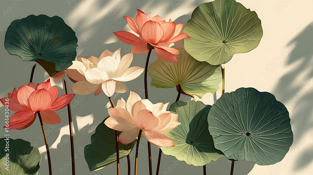 Obraz premium Pink and White Lotus Flowers with Green Leaves in Soft Light