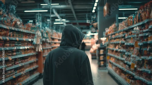 Wallpaper Mural The Grocery Aisle: A hooded figure strolls through a well-stocked grocery store, offering a unique perspective on shopping, with a cinematic appeal and a sense of the everyday life. Torontodigital.ca