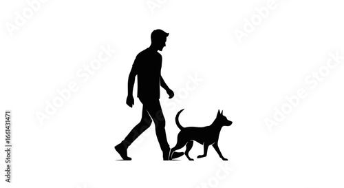 Silhouette of a man walking alongside a dog, both facing right, on a white background.