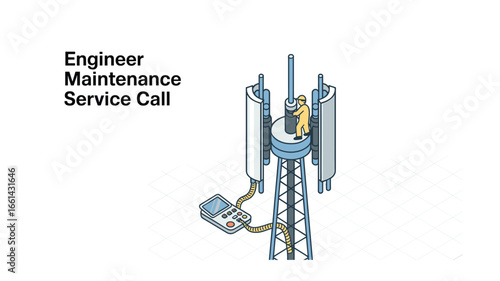 Cell Tower Maintenance: Engineer Inspecting Telecommunications Equipment, Ensuring Network Performance and Signal Strength, Working at Height with Precision Tools and Safety Gear