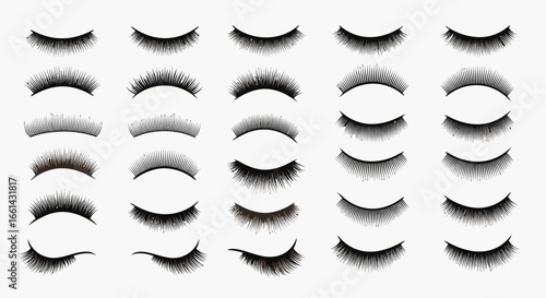 Collection of various styles of artificial eyelashes, presented with different shapes and textures, isolated on a white background.
