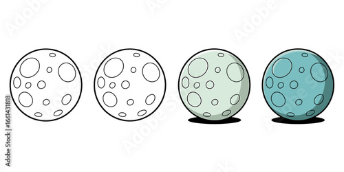 Cartoon Moon Phases from Outline to Full Color Illustration Showing Lunar Development and Artistic Progression