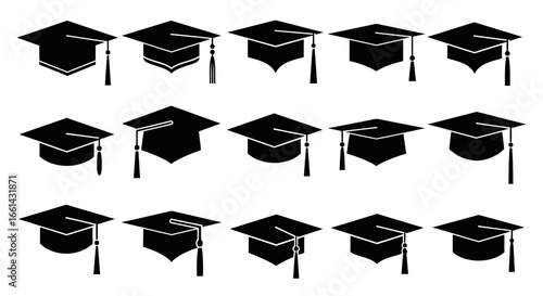 Collection of black silhouette graduation caps, various angles and orientations.
