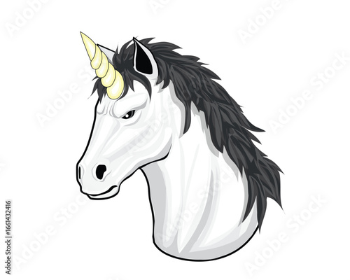 Vector illustration design of a white horse head with black hair and a yellow horn on its forehead like a mythological animal usually called a unicorn.
