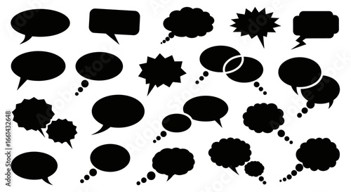Diverse collection of black speech bubbles and thought clouds on a white background for communication concepts