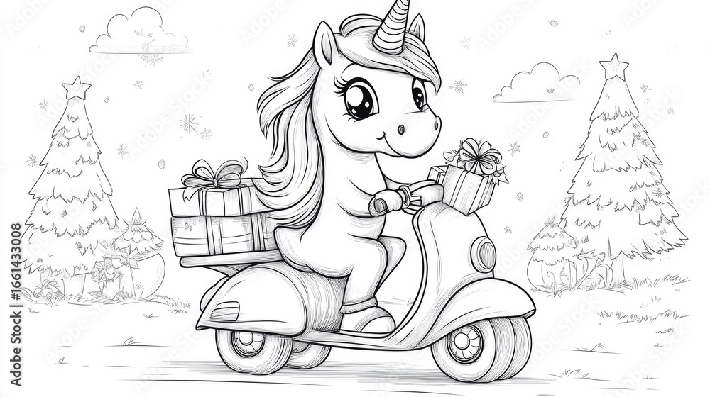 Fototapeta premium Adorable unicorn driving a moped with a gift box on the back, surrounded by stars, perfect for coloring books or children's activities, promoting creativity and imagination