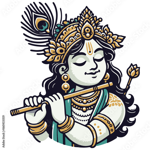 Lord krishna playing a flute in a serene pose, perfect for spiritual, religious, or cultural designs in need of peace and tranquility.