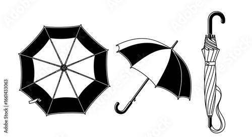 Three stylized umbrellas, closed, open, and partially open, shown in black and white.