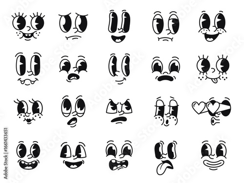 Cartoon face with facial expressions, cute emoji faces, comic character reaction, emotions icons, funny eyes and mouth elements for animation, stickers. Vector vintage mascot isolated set